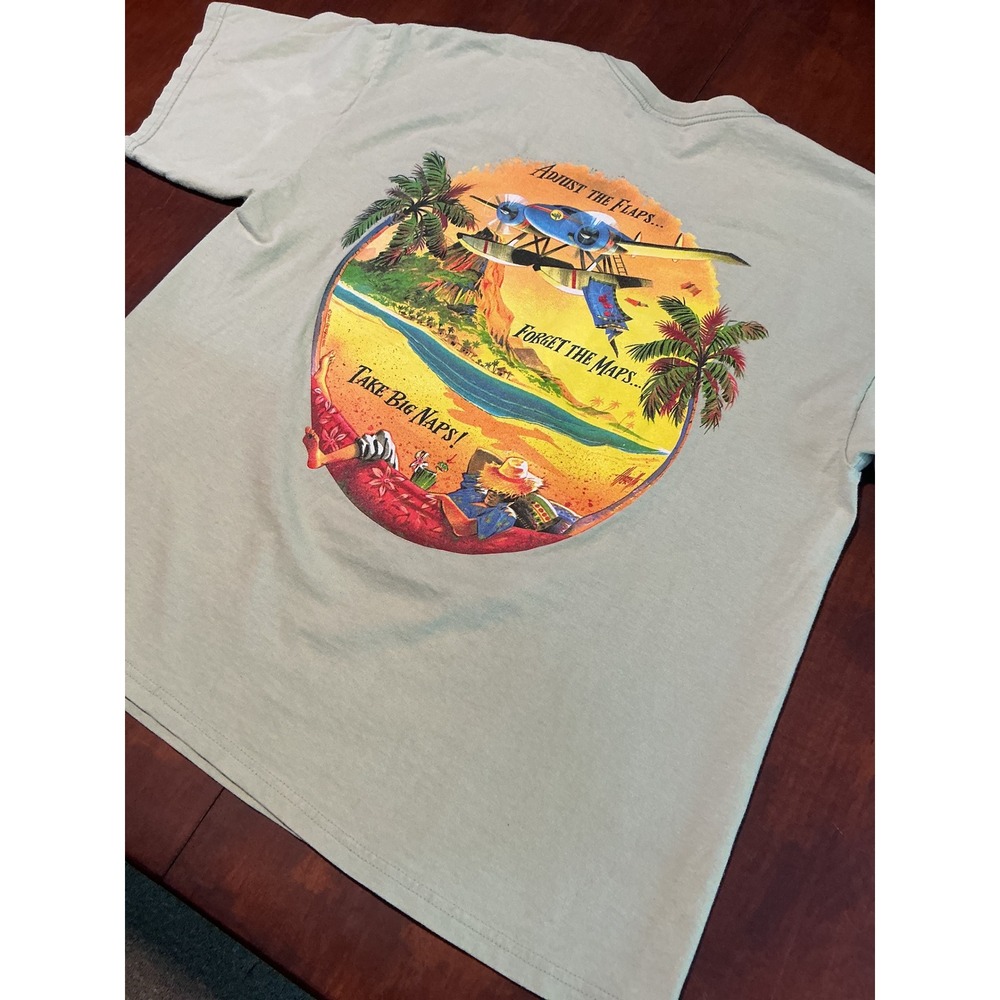Caribbean Soul Mens XL T-Shirt Sage Green Tropical Seaplane Beach Graphic Relax